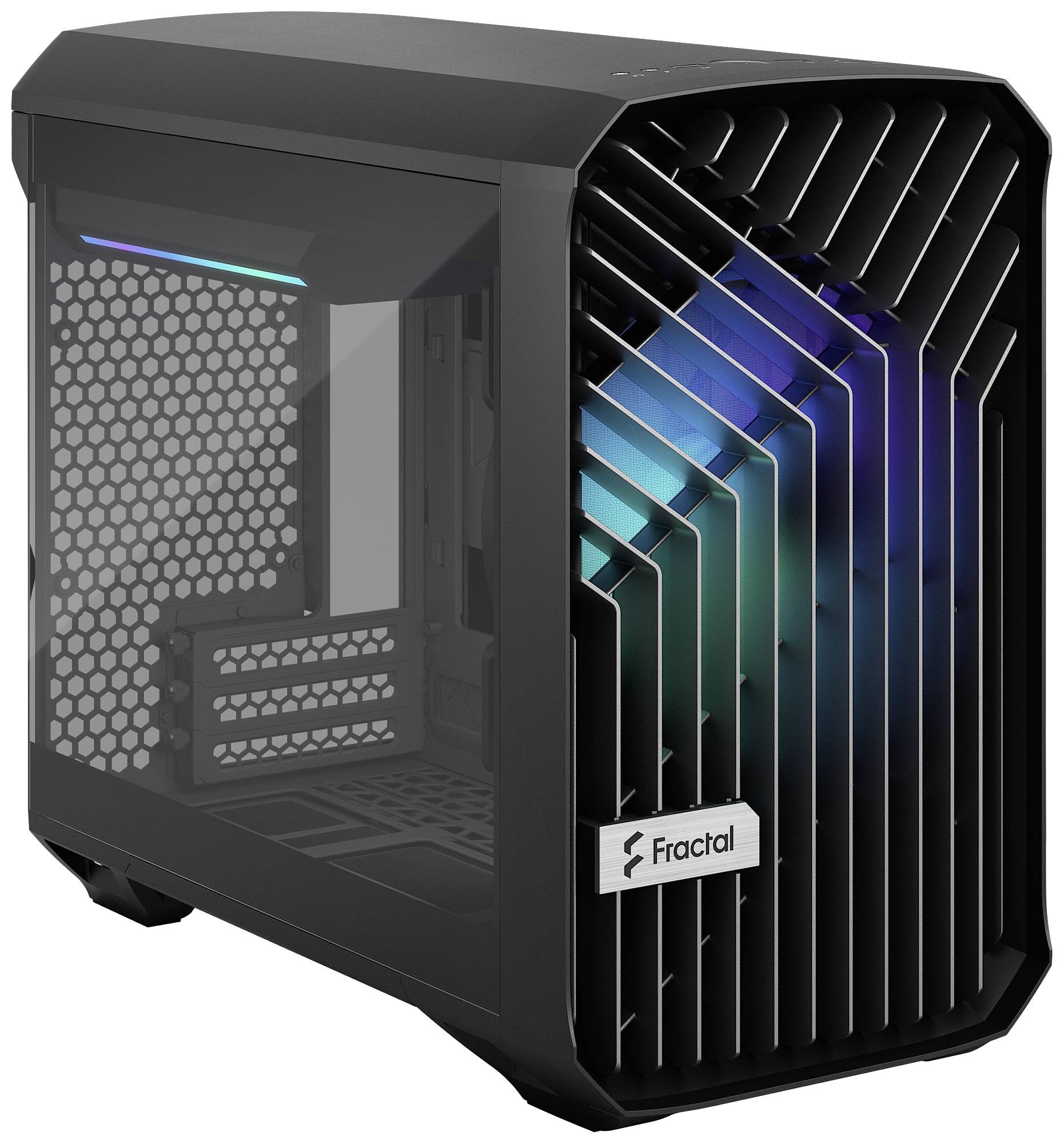 Ein Computergehäuse mit seitlichem Glasfenster und RGB-Beleuchtung, Marke Fractal. Modernes Design mit Gitterfront.