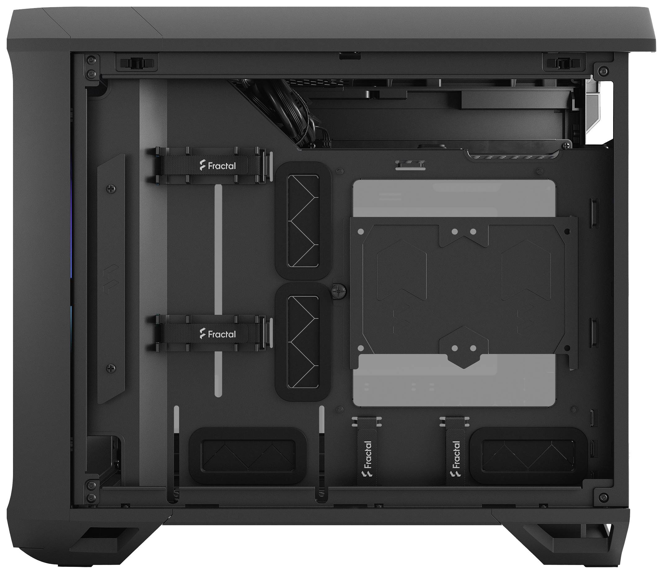 Computergehäuse mit offenem Seitenpanel, zeigt Kabelmanagementsystem und interne Befestigungen. Geeignet für PC-Komponentenmontage.