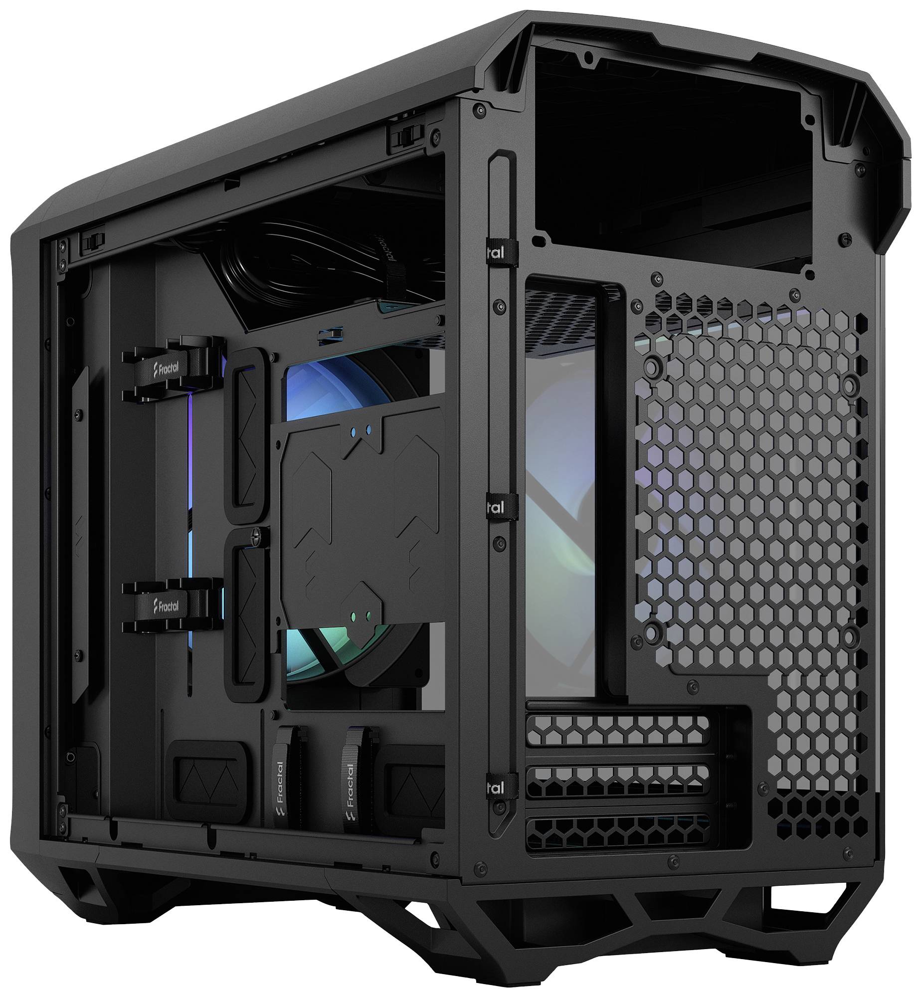 Ein schwarzes Computergehäuse mit durchsichtiger Seitenwand. Sichtbare Lüfter und Kabelmanagement, geeignet für Gaming-PCs.