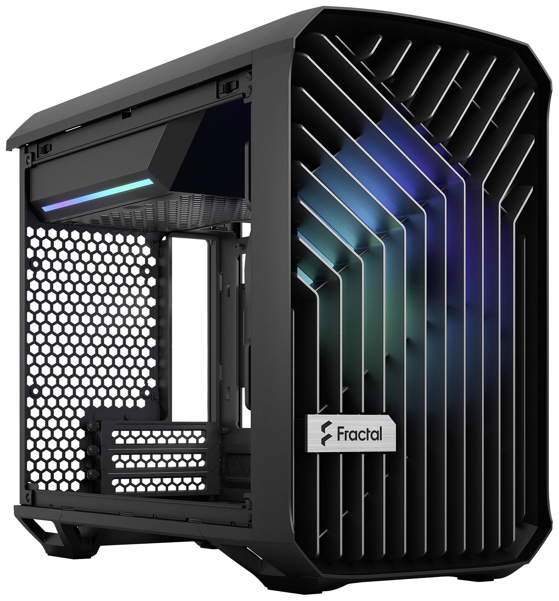 Ein schwarzes PC-Gehäuse mit offener Frontgitterstruktur und RGB-Beleuchtung, geeignet für leistungsstarke Computerkonfigurationen.