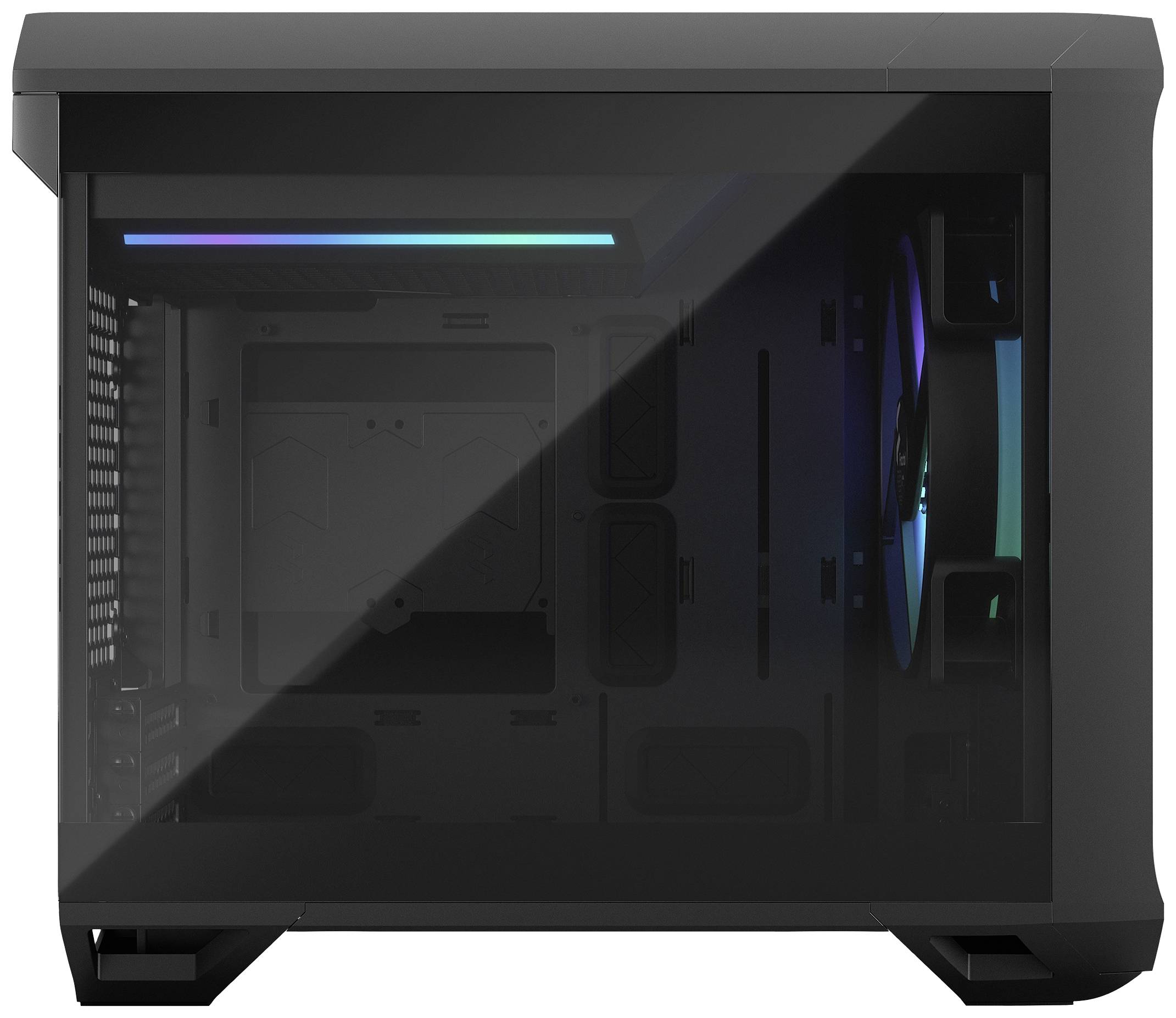 Ein leeres schwarzes Computergehäuse mit transparentem Seitenteil und eingebauten RGB-Lüftern. Geeignet für den Bau eines PCs.