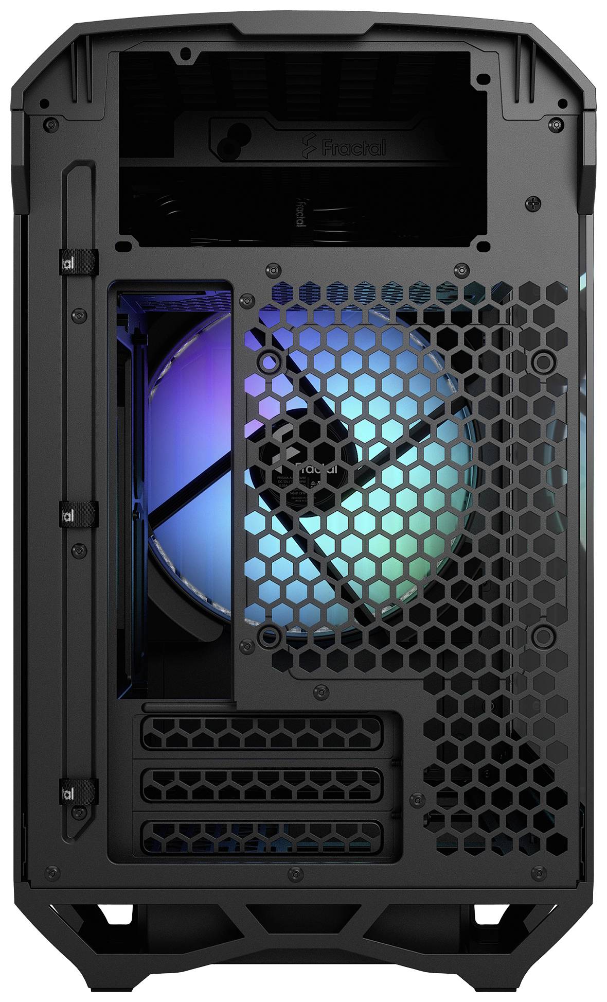 Schwarzes Computergehäuse mit sichtbarem RGB-Lüfter auf der Rückseite, leuchtend in Blau und Lila, mit hexagonalem Gittermuster.