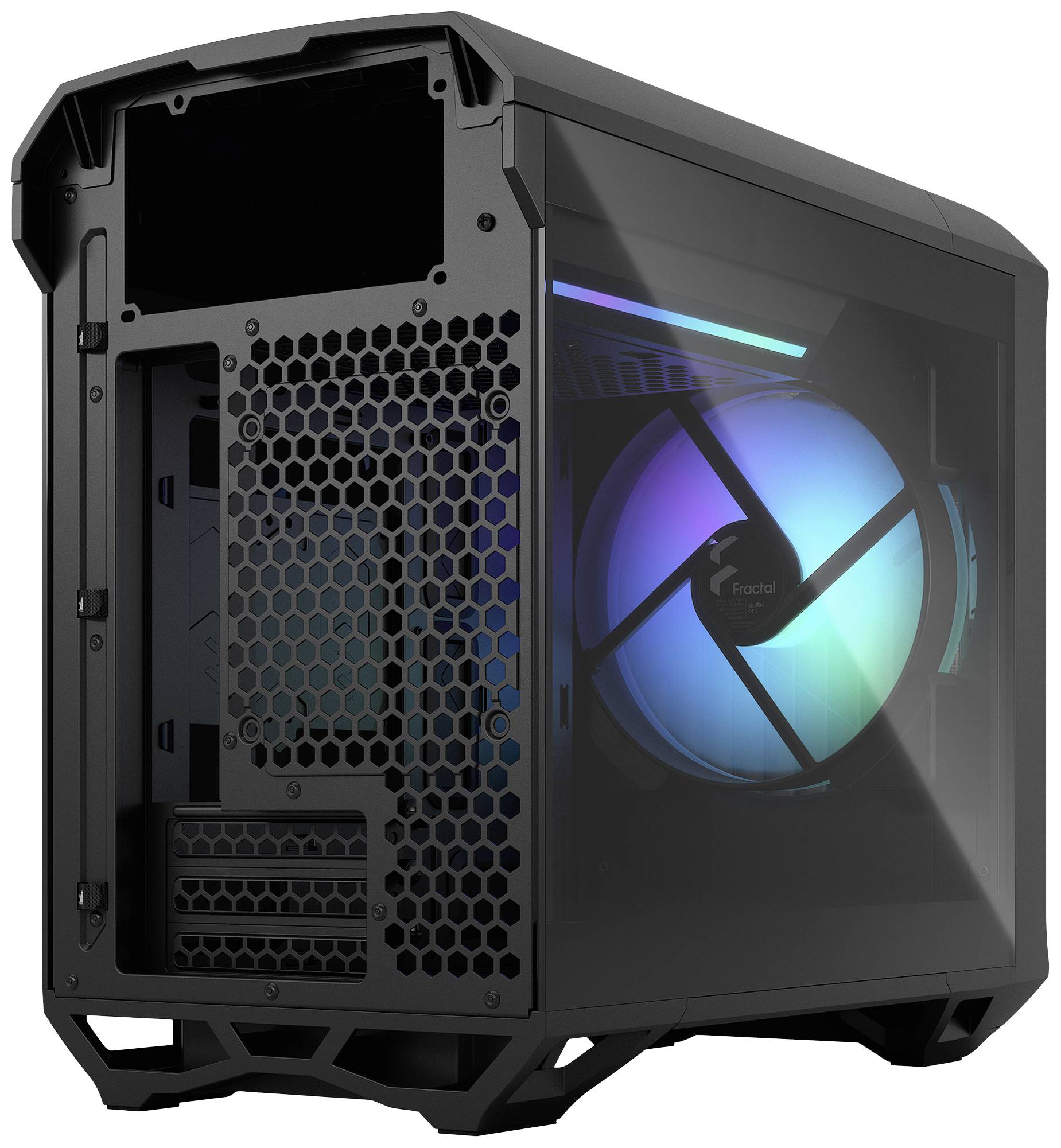 Computergehäuse mit transparentem Seitenteil zeigt RGB-beleuchteten Lüfter. Modernes Design, geeignet für Computerenthusiasten.