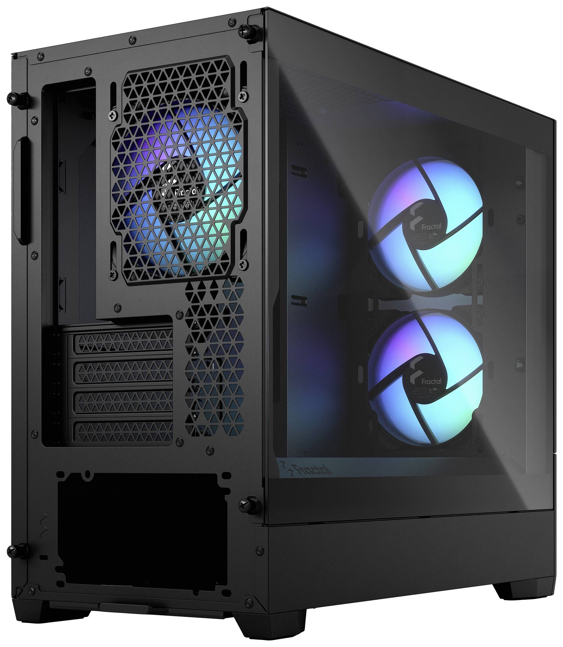Ein schwarzes Computergehäuse mit transparentem Seitenfenster zeigt zwei beleuchtete Lüfter in Blau- und Violetttönen.