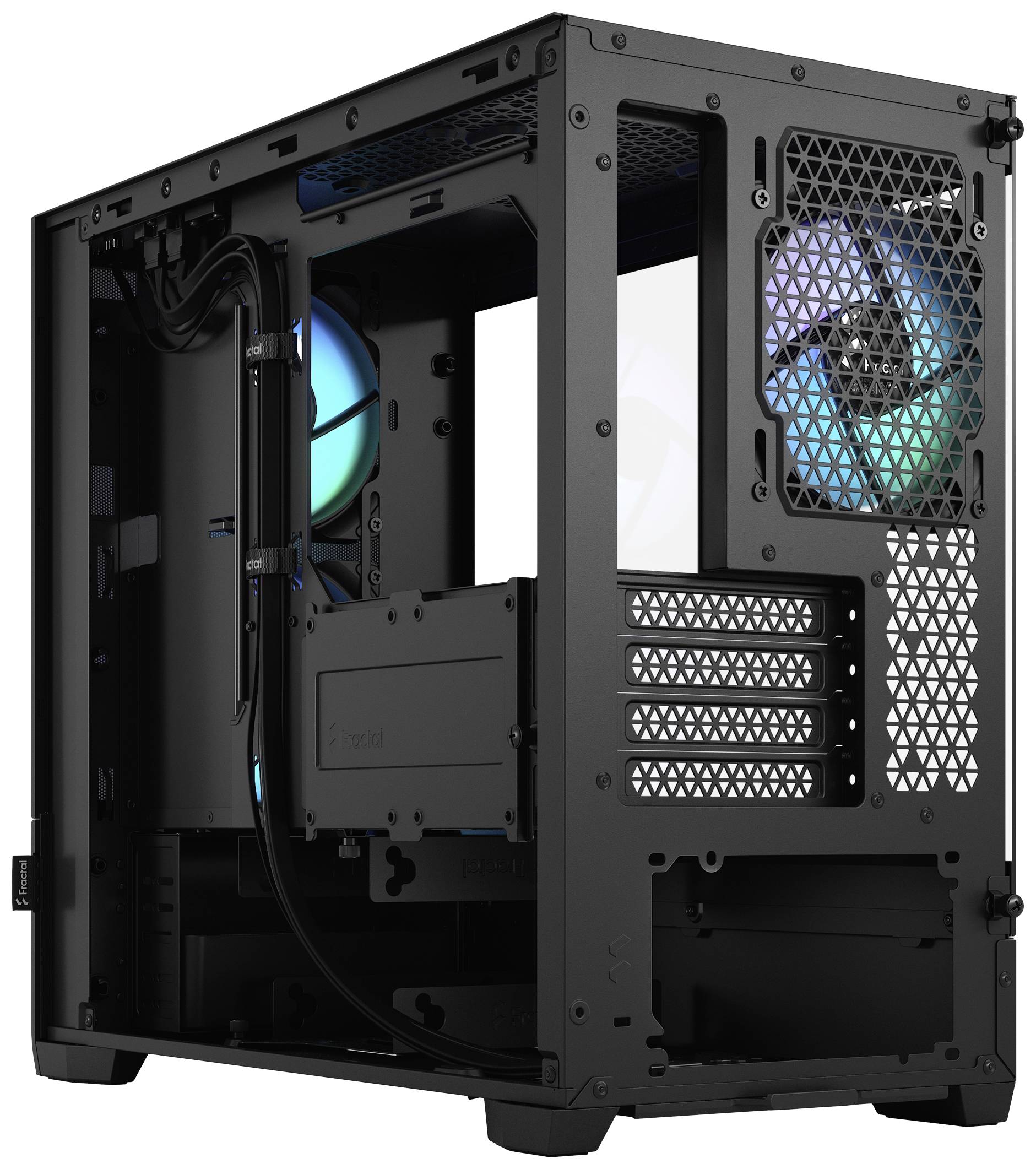 Schwarzes PC-Gehäuse mit Glasseite, zwei eingebauten Ventilatoren mit RGB-Beleuchtung, offene Struktur zur Hardwareinstallation.