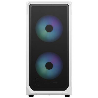 Ein weißes Computergehäuse mit zwei großen, bunten LED-Lüftern an der Vorderseite, die blau und lila leuchten.