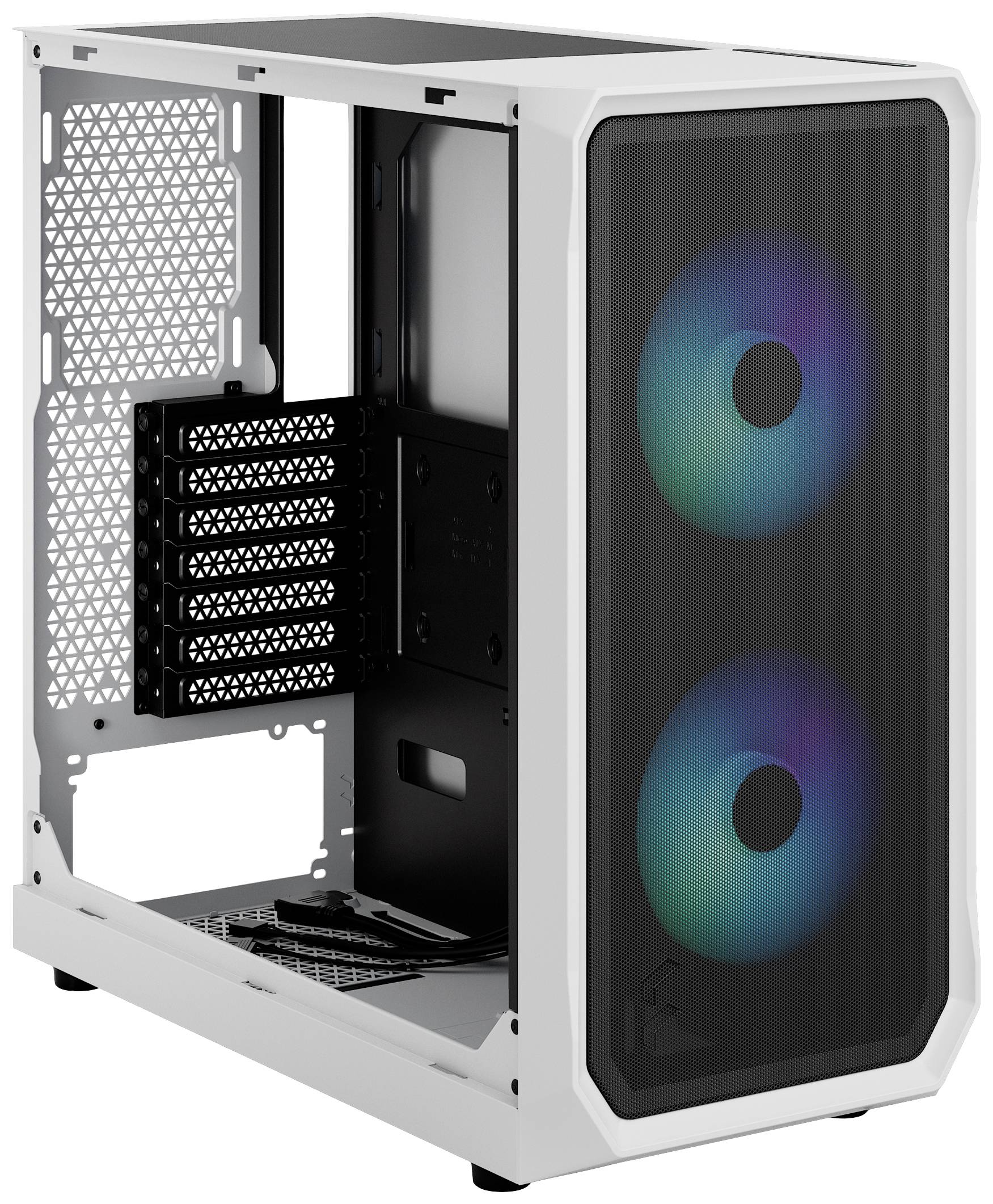 Weißes PC-Gehäuse ohne Komponenten, mit zwei großen, bunten LED-Lüftern an der Vorderseite. Rückseite mit mehreren Lüftungsschlitzen.