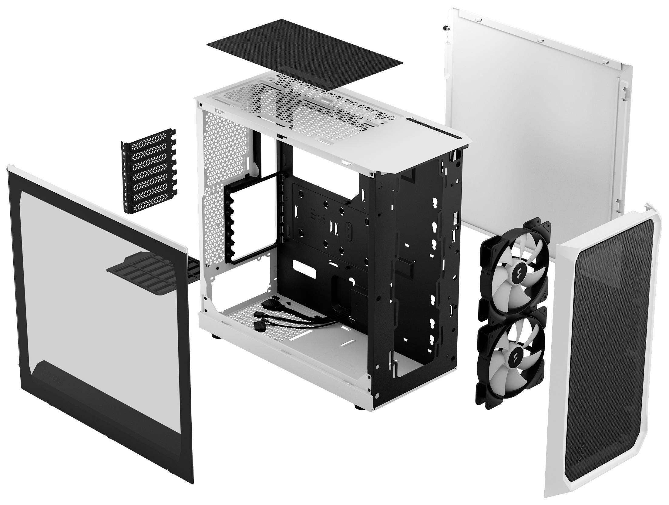 Zerlegtes Computergehäuse mit abgenommenen Seitenwänden, Lüftern, Rückblenden und Oberseite. Hauptstrukturen und Komponenten sichtbar.
