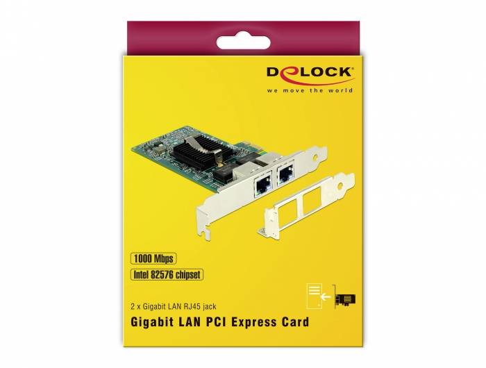 Gelbe Verpackung einer Gigabit LAN PCI Express Karte von Delock. Aufschrift: '1000 Mbps, Intel 82576 Chipset, 2 x Gigabit LAN RJ45 Buchse'.