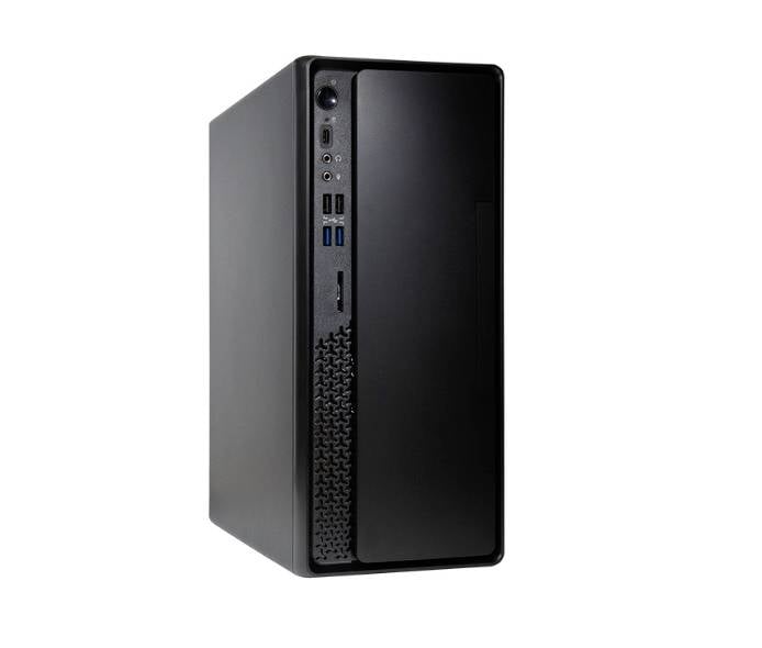 Ein schwarzes Mini-PC-Gehäuse mit verschiedenen Anschlüssen vorne, einschließlich USB-Ports und Audioanschlüssen.