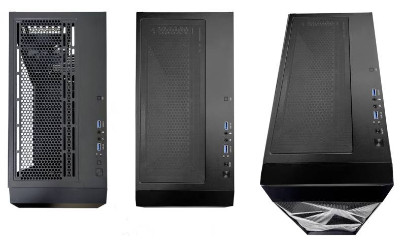 'Drei Ansichten eines Computergehäuses: linke Seitenansicht mit Rückseite, Oberseitenansicht mit Belüftung, Vorderansicht mit USB-Anschlüssen.'