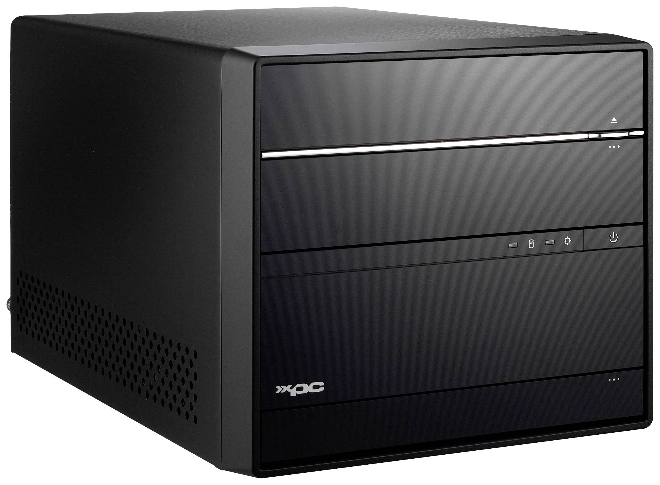 Ein schwarzes Computergehäuse mit minimalistischem Design, das für den Einsatz als Desktop-PC geeignet ist.