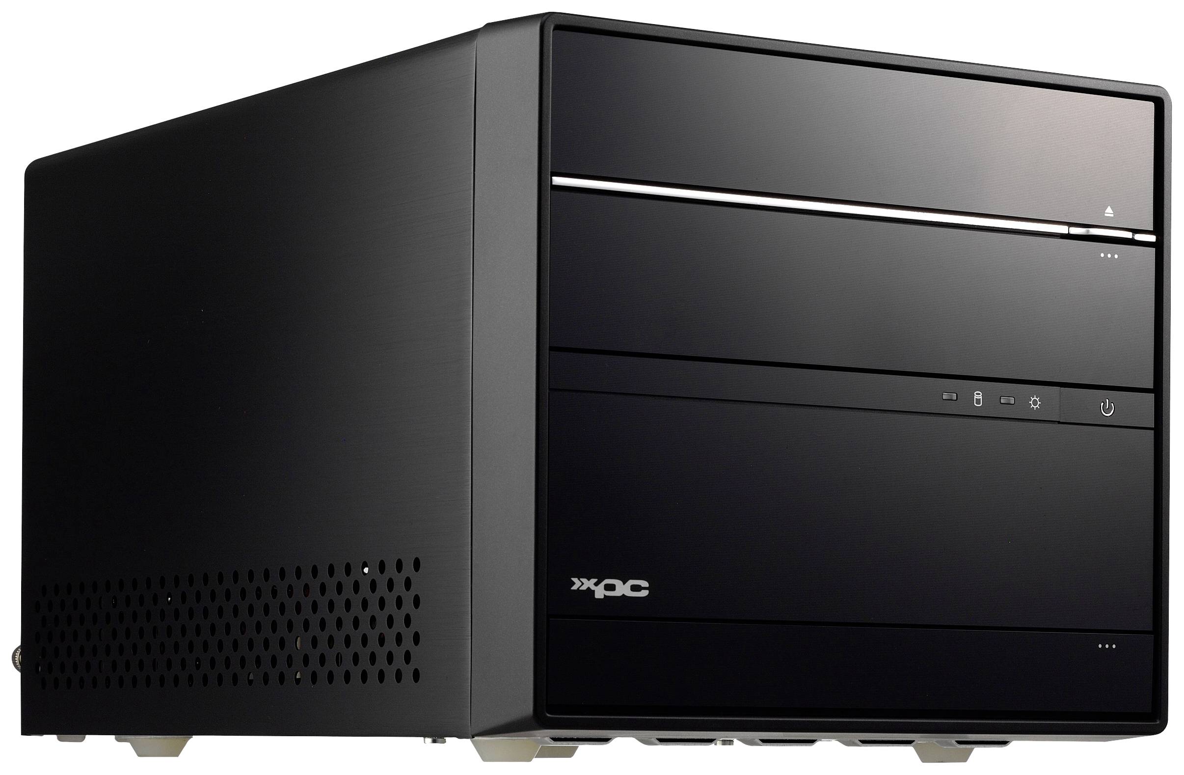 Ein schwarzer Mini-PC mit einem kompakten Gehäuse, horizontal gestapelten Laufwerken und seitlichen Lüftungsschlitzen.