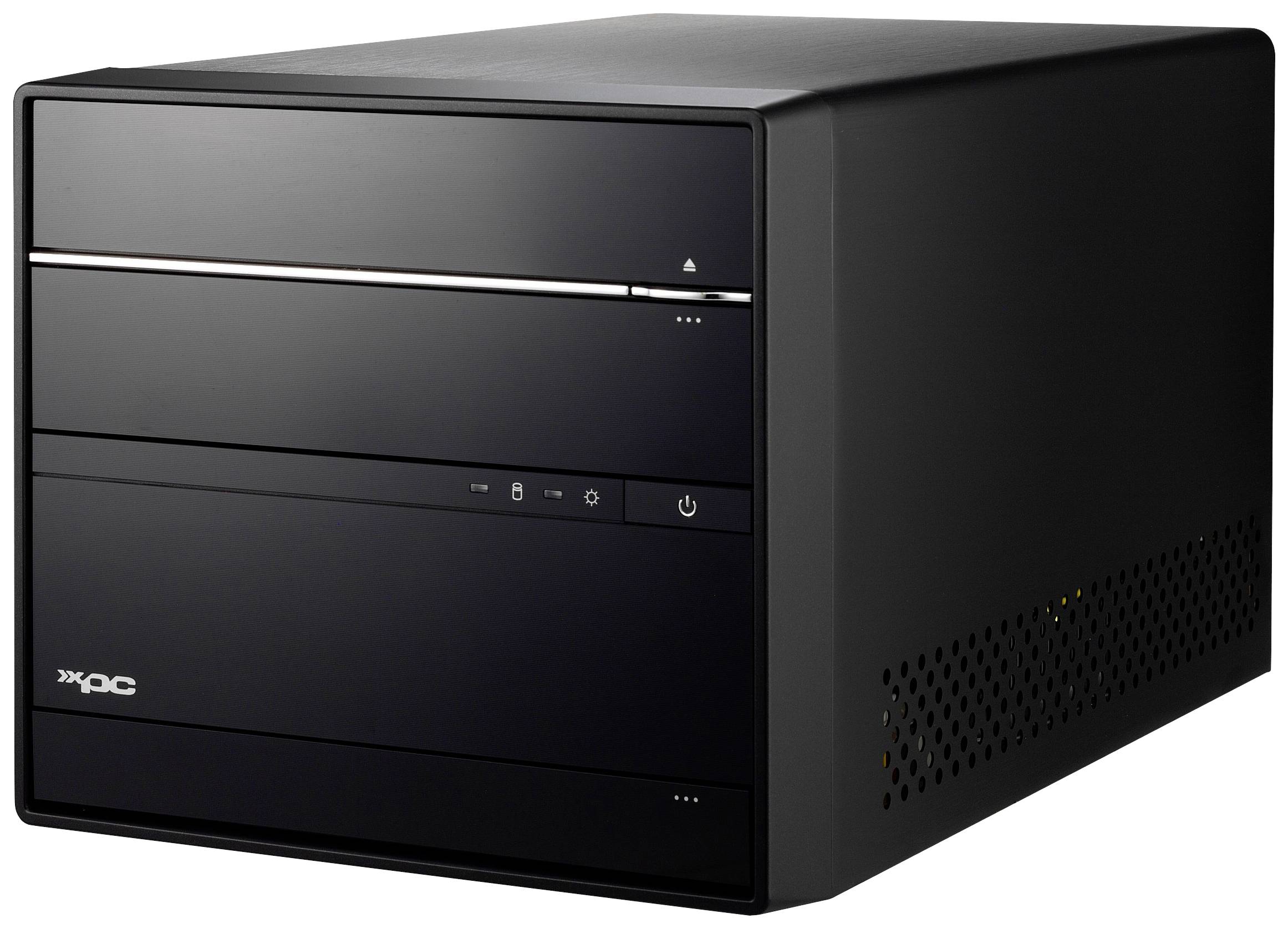 Ein schwarzer Desktop-Computer mit kompakter Bauweise, sichtbar von der Vorder- und Seitenansicht.