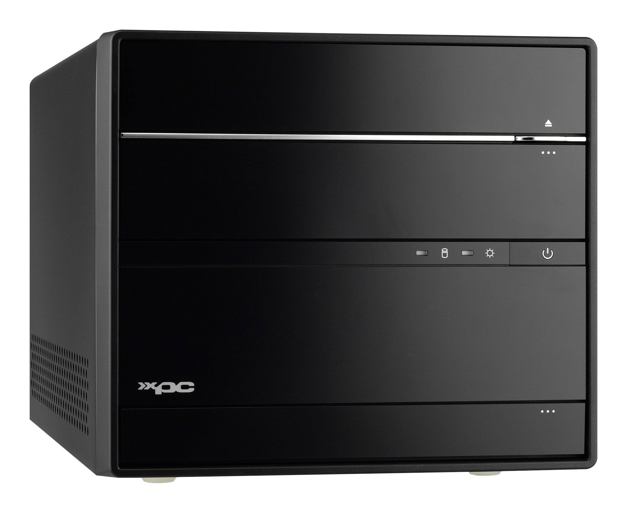 Ein schwarzer Desktop-Computer mit minimalistischem Design. Auf der Vorderseite befinden sich Symbole für USB, Audio und Power.