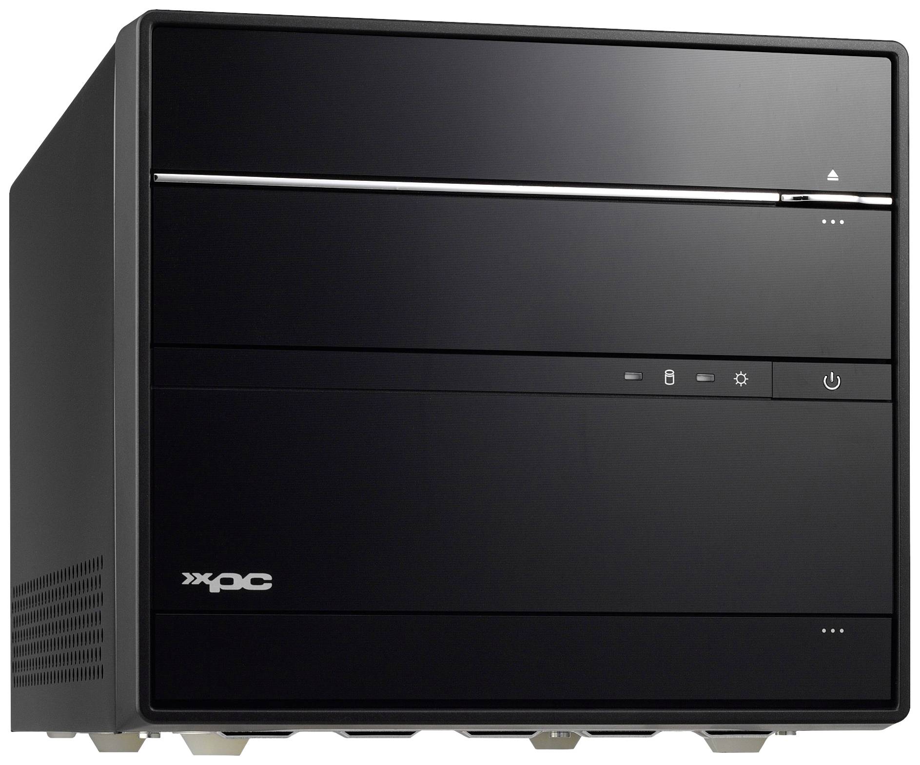 Ein schwarzer Mini-PC-Tower mit glattem, minimalistischem Design und mehreren Anschlussmöglichkeiten auf der Vorderseite.