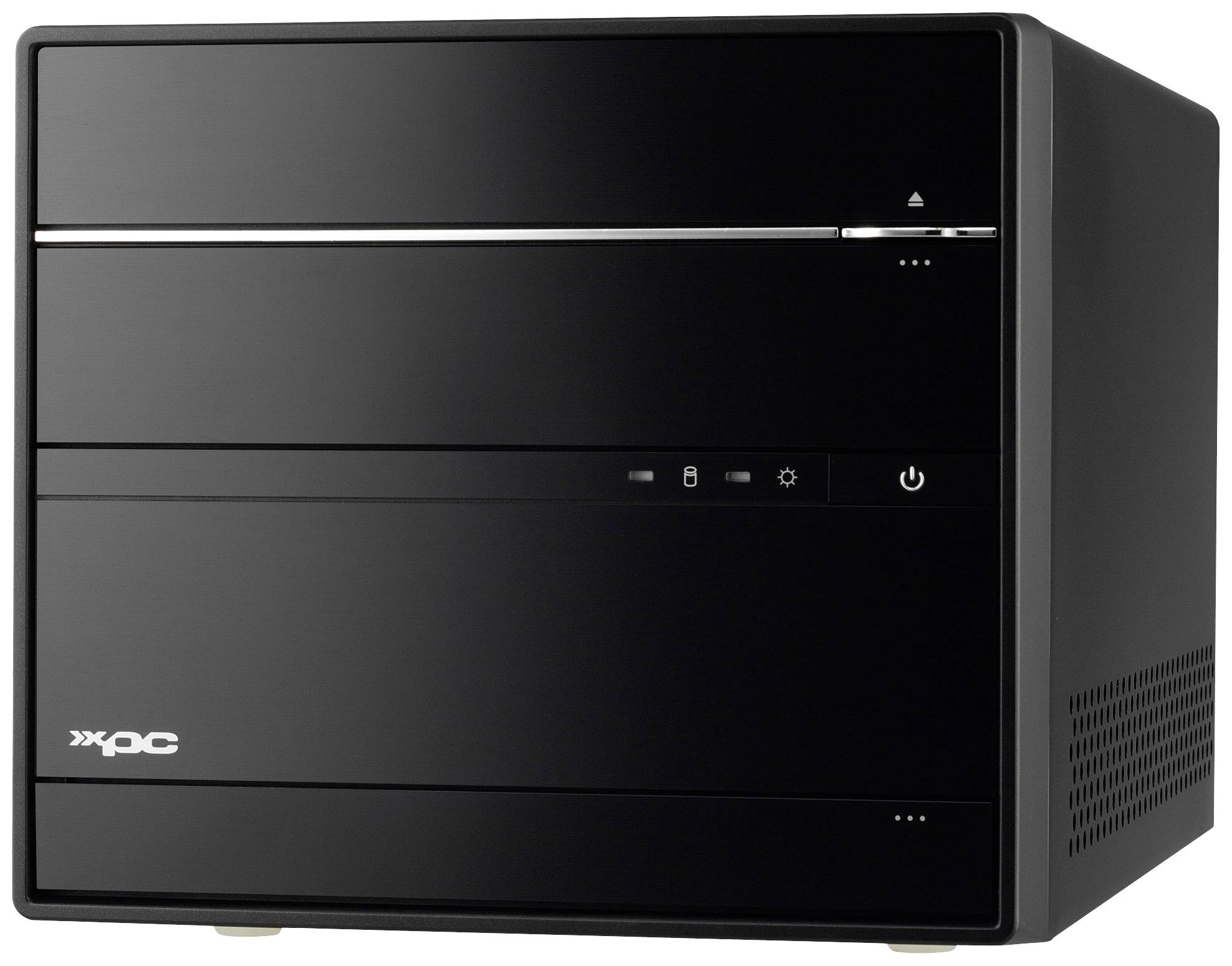 Ein schwarzer, quadratischer Mini-PC mit glänzender Front und Lüftungsschlitzen an der Seite, Marke 'Shuttle'.