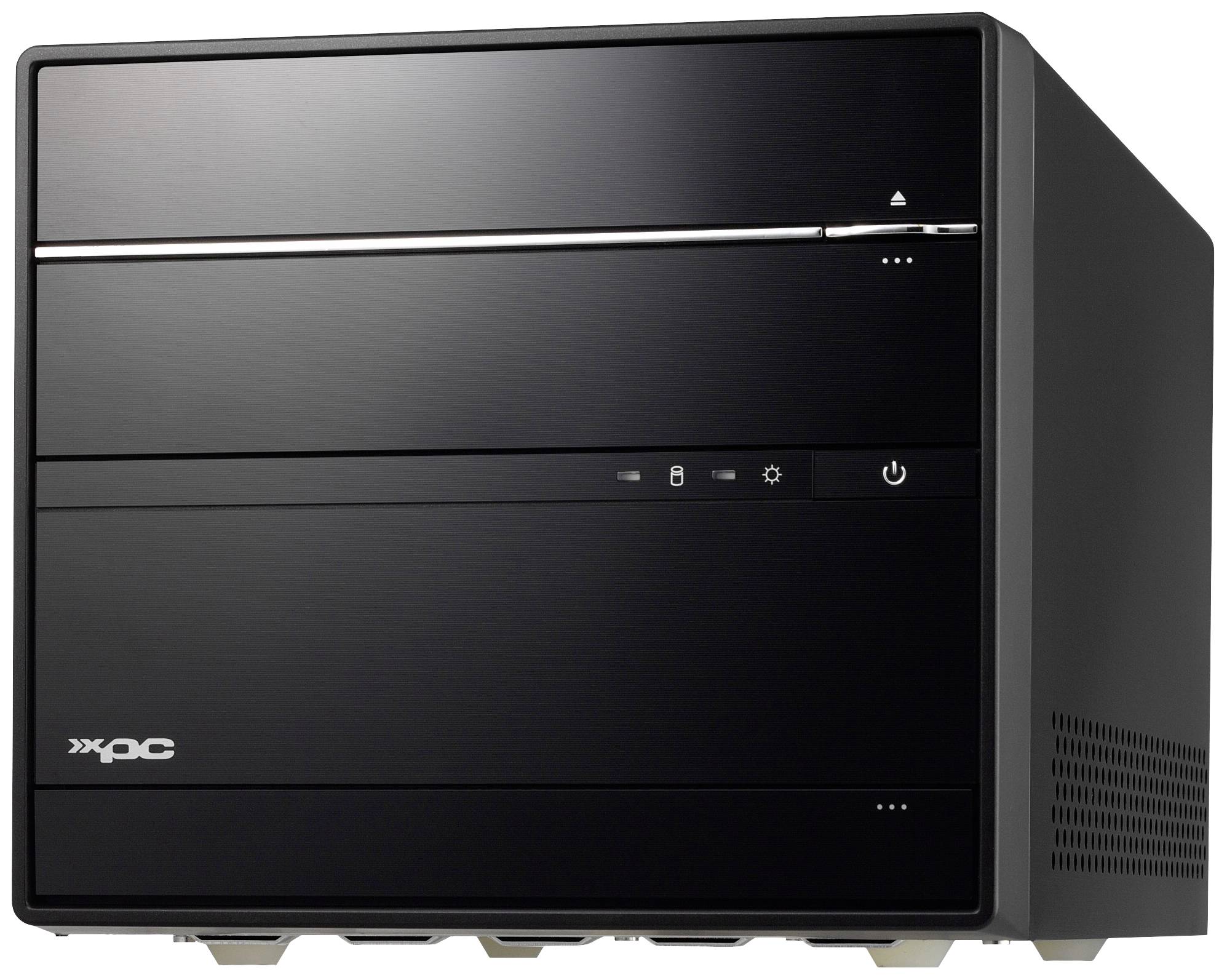 Schwarzer Desktop-PC-Gehäuse mit minimalistischem Design und silbernen Akzenten. Enthält Fronttasten und Lüftungsschlitze auf der Seite.