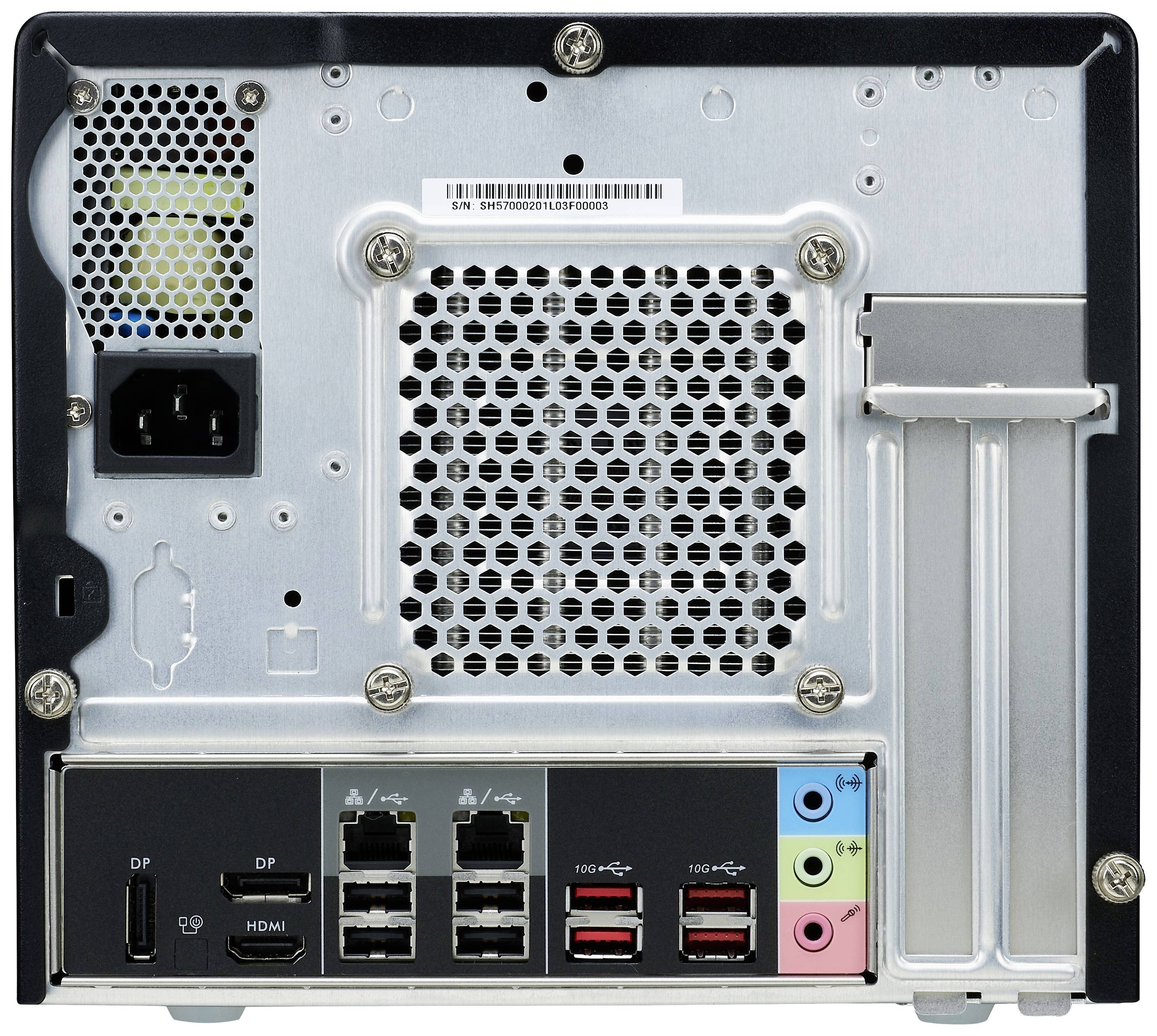 Die Rückseite eines Computergehäuses zeigt Anschlüsse wie HDMI, DisplayPort, USB- und Ethernet-Ports sowie Audioanschlüsse.