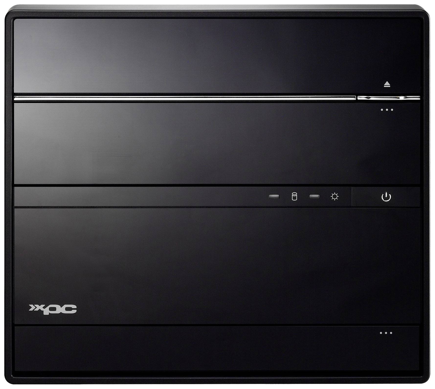 Ein schwarzer Mini-PC-Gehäuse mit minimalistischem Design. Vorne befinden sich ein Netzschalter und Symbole für verschiedene Funktionen.