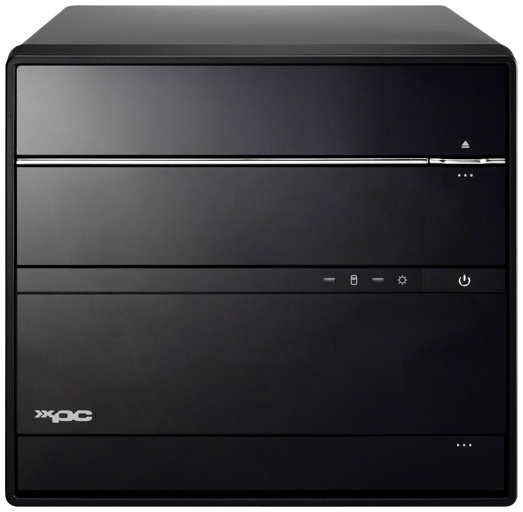 Ein schwarzer, quadratischer Desktop-PC mit mehreren Laufwerksschächten und einem Ein-/Ausschalter auf der Vorderseite.
