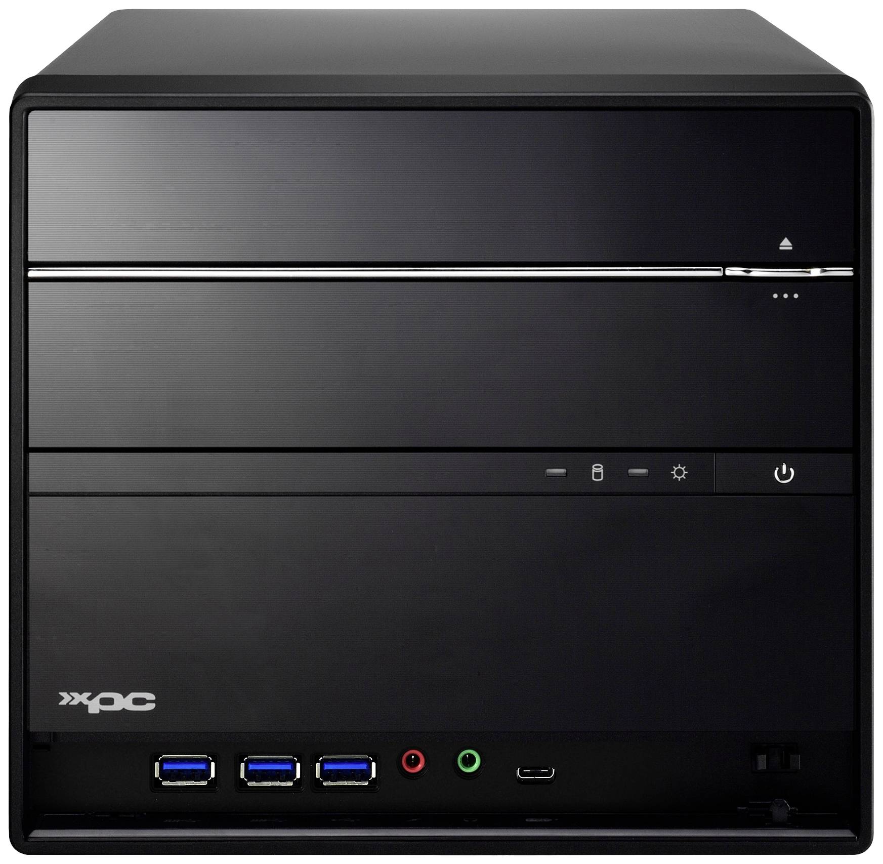 Schwarzes, würfelförmiges Mini-PC-Gehäuse mit mehreren USB-Anschlüssen und Power-Taste an der Vorderseite.