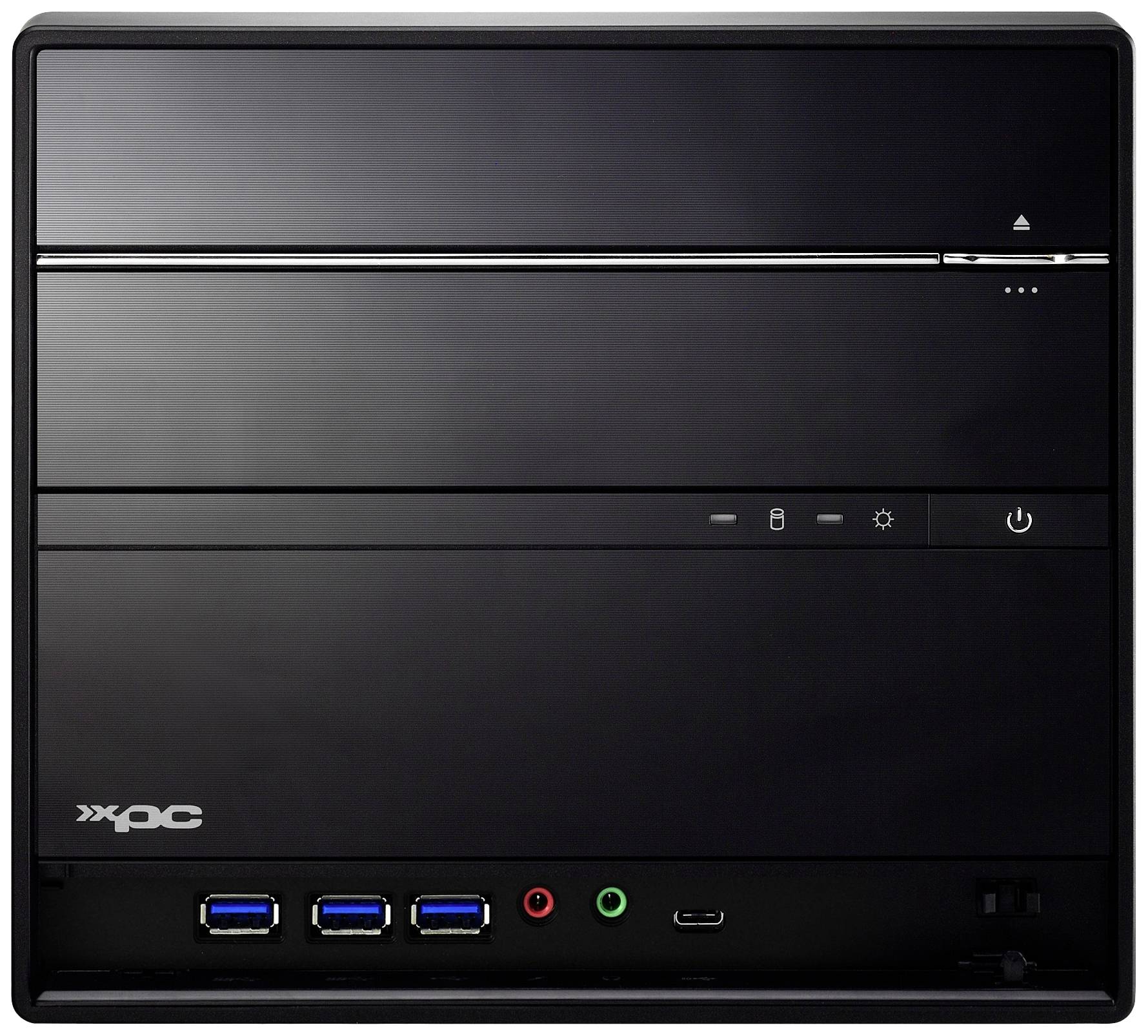 Schwarzes Mini-PC-Gehäuse mit USB- und Audioanschlüssen auf der Vorderseite, geeignet für kompakte Computerlösungen.