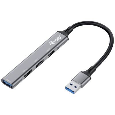 USB-Hub mit 4 Anschlüssen, einer davon mit USB 3.0 markiert. Kabel ist schwarz und etwa 15 cm lang. Gerät ist silbern.