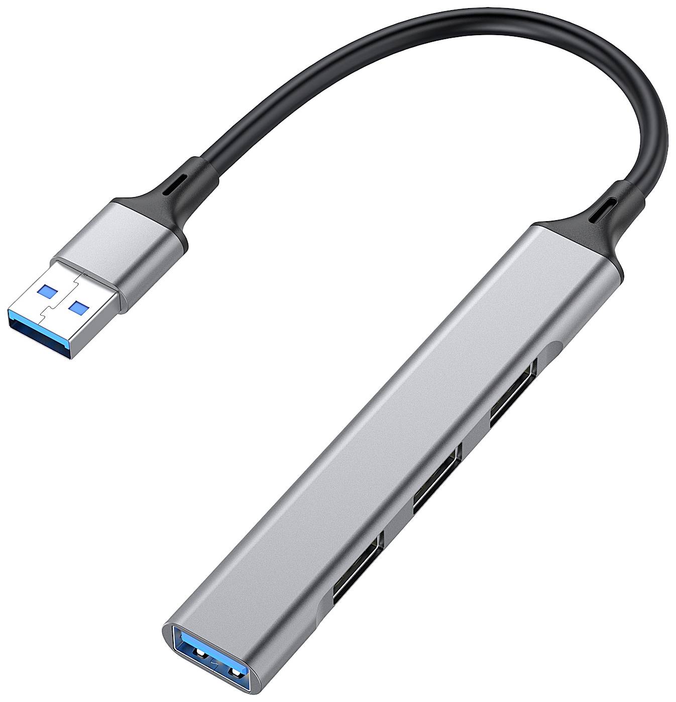 USB-Adapter mit vier Ports und einem schwarzen Kabel, dient zum Anschluss mehrerer Geräte an einen Computer.