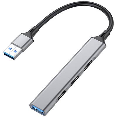 USB-Adapter mit vier Ports und einem schwarzen Kabel, dient zum Anschluss mehrerer Geräte an einen Computer.