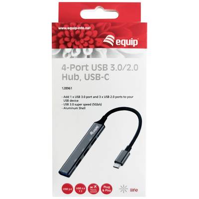 '4-Port USB 3.0/2.0 Hub, USB-C' Verpackung. Zeigt ein schlankes Aluminium-Hub mit drei USB 2.0- und einem USB 3.0-Anschluss.