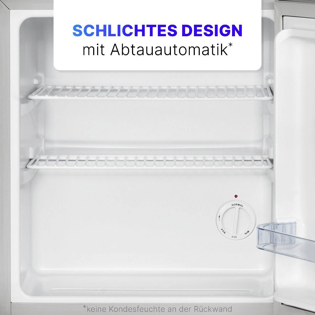 'Kühlschrankinnenseite mit zwei Regalen. Text oben: Schlichtes Design mit Abtauautomatik. Hinweis unten: Keine Kondensfuge.'