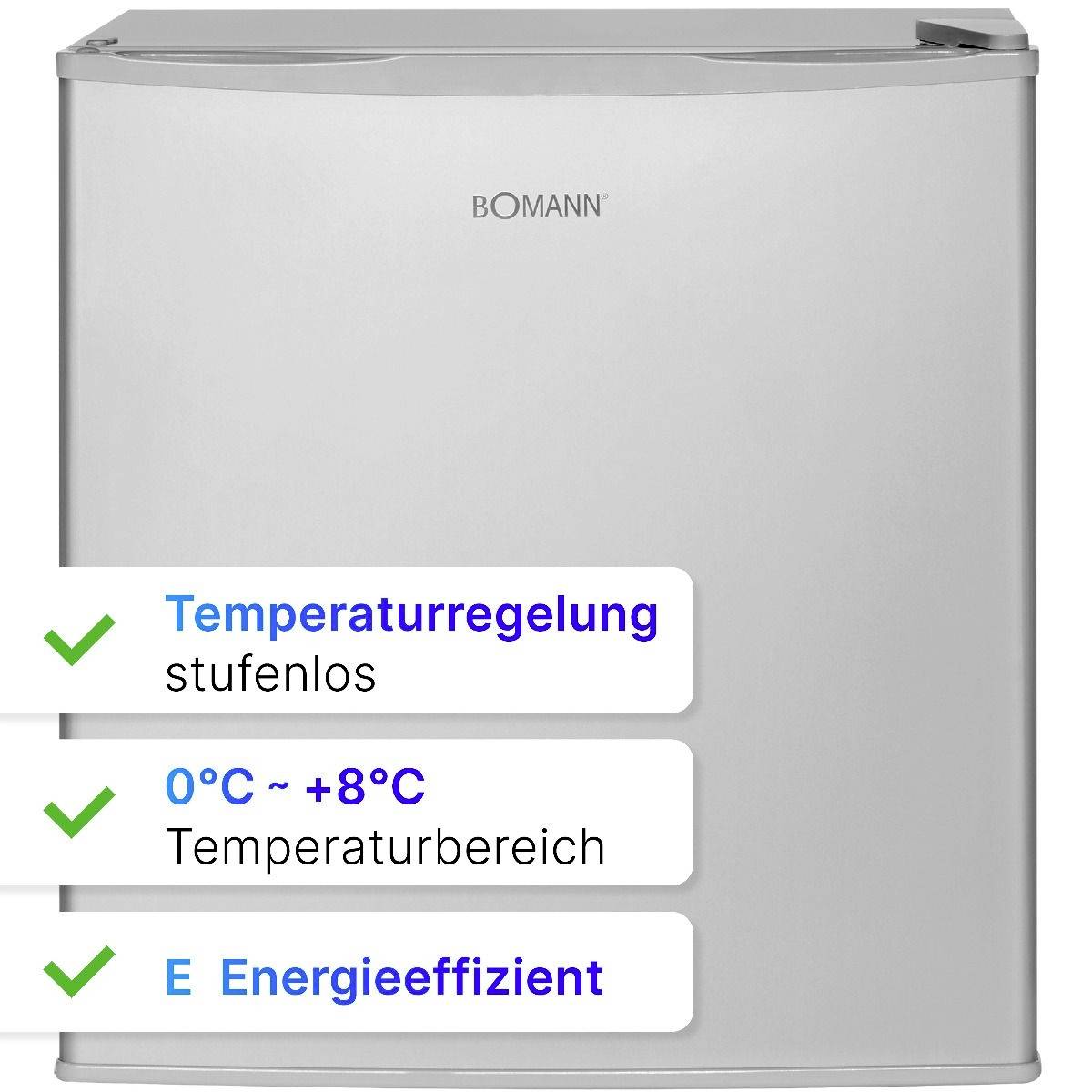 Ein silberner mini Kühlschrank der Marke Bomann. Hauptmerkmale: stufenlose Temperaturregelung, Temperaturbereich 0°C bis +8°C, energieeffizient (auf der Skala E).
