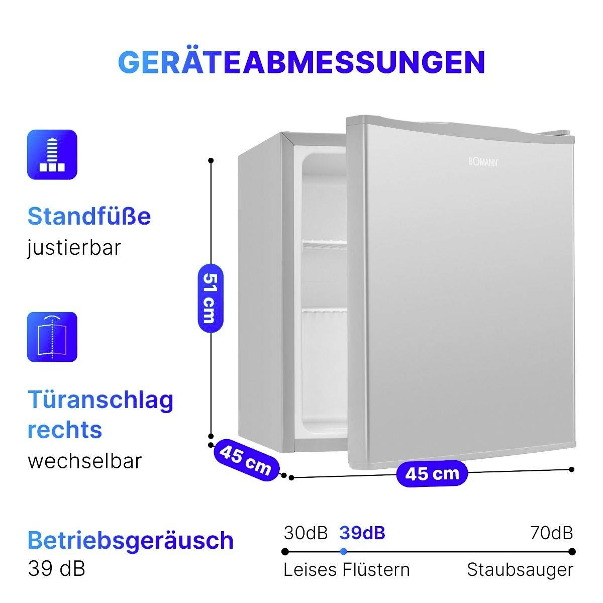 'Geräteabmessungen': Kleiner Kühlschrank, Breite 45 cm, Tiefe 45 cm, Höhe 51 cm. Türanschlag rechts, wechselbar. Betriebsgeräusch 39 dB.
