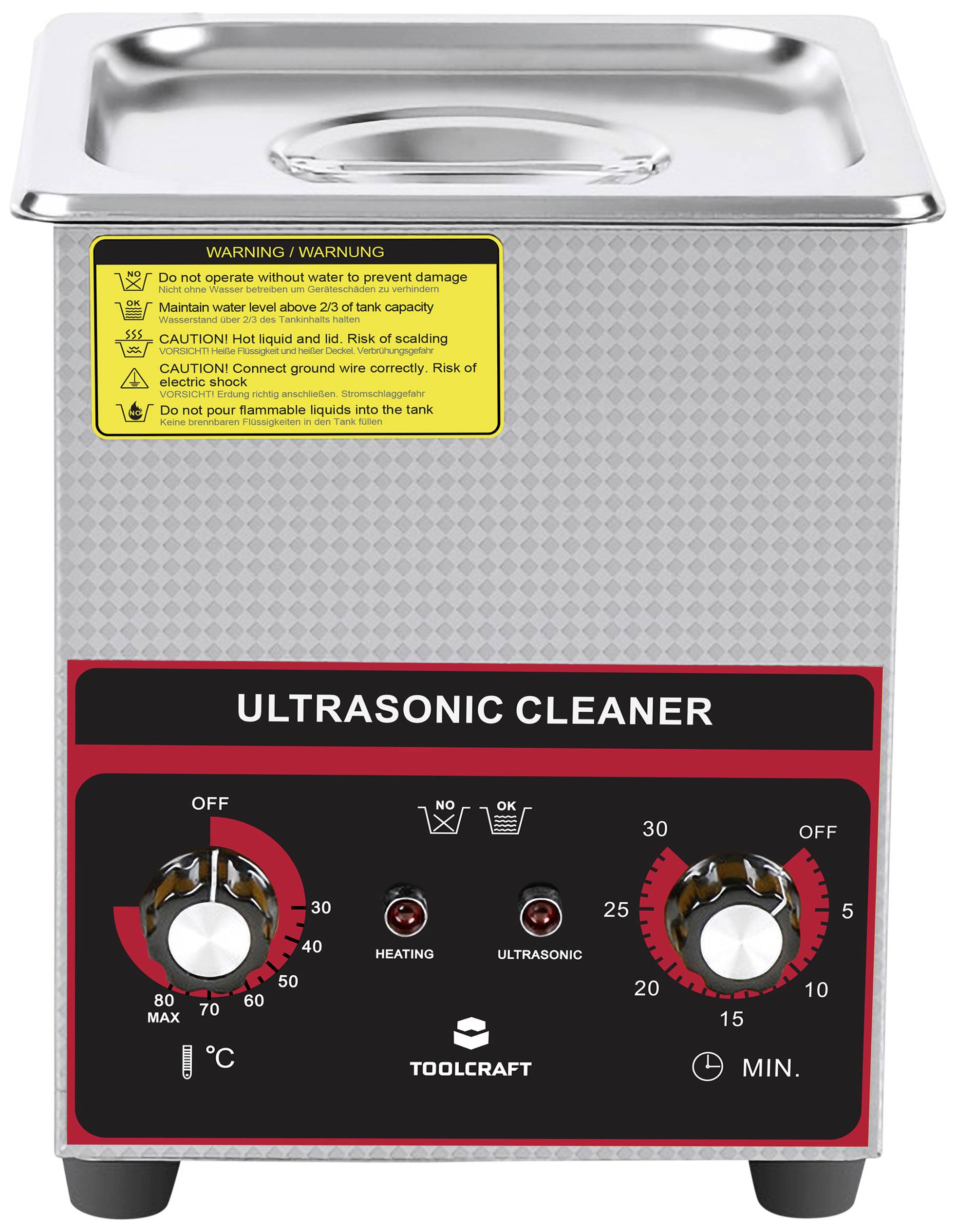 Reinigungsgerät mit ultraschallbetriebener Funktion. Vorderseite zeigt Temperaturregler, Timer und Schalter für Heizung und Ultraschall.