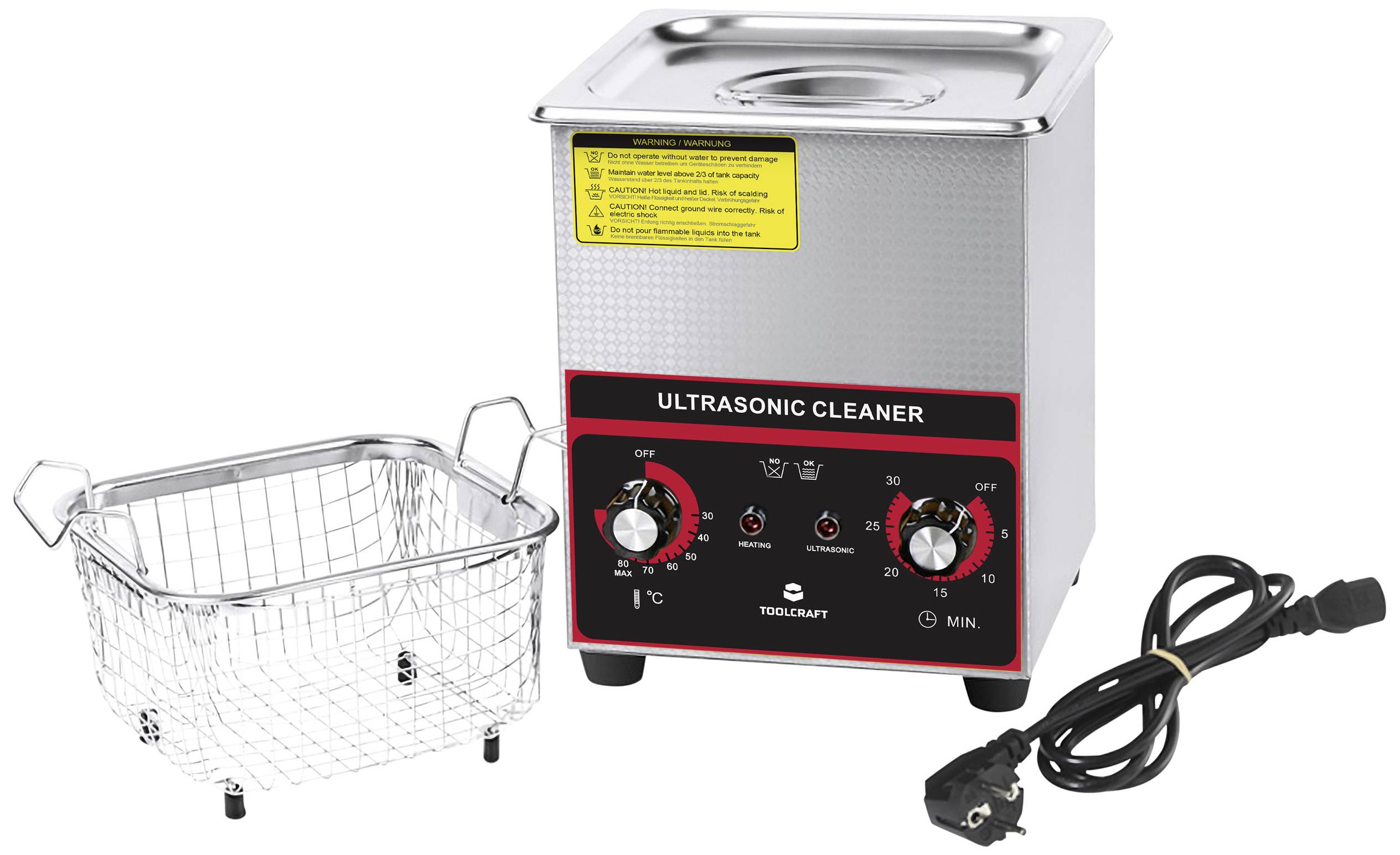 Ultraschallreiniger mit Bedienelementen und Metallkorb, geeignet für die Reinigung kleiner Objekte. Neben dem Gerät liegt ein Stromkabel.