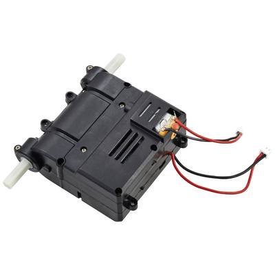 Ein schwarzer elektrischer Getriebemotor mit Kabeln und Anschlüssen. Er hat zwei Achsen und ist für mechanische Anwendungen gedacht.