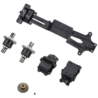 Verschiedene Metall- und Kunststoffteile in einer flachen Anordnung, möglicherweise Teile eines mechanischen oder elektronischen Geräts.