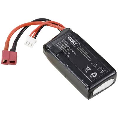 'Schwarzer Reely Lithium-Polymer-Akku mit roten und schwarzen Kabeln sowie Steckverbindungen. Modelle: 7,4 V, 1300 mAh, 30 C.'