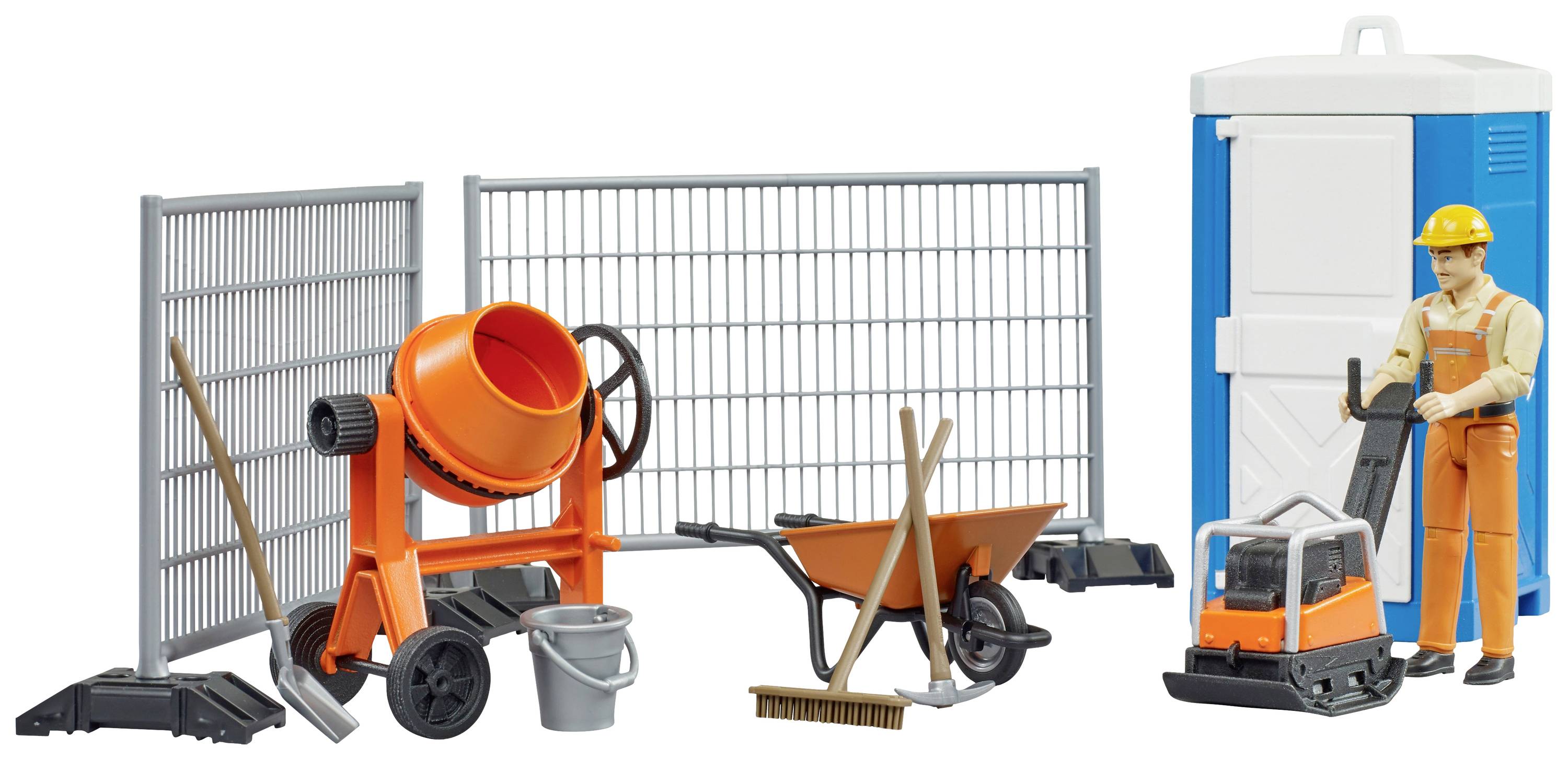 Eine Baustellenszene mit Spielzeugfiguren: Betonmischer, Schubkarre, Trennzaun, mobile Toilette und Bauarbeiterfigur in Arbeitskleidung.