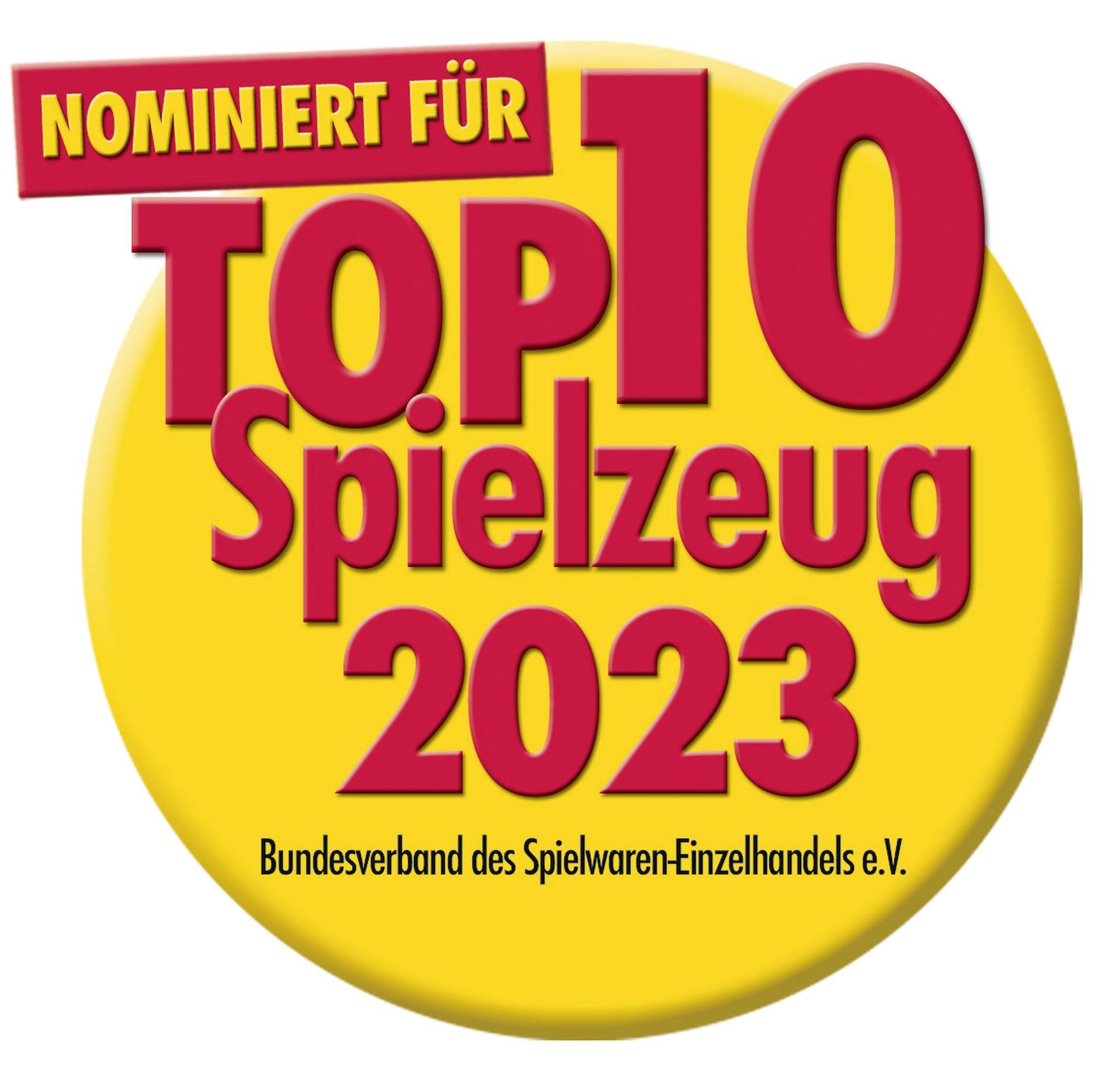 Gelbes Emblem mit roter und weißer Schrift: 'Nominiert für Top 10 Spielzeug 2023. Bundesverband des Spielwaren-Einzelhandels e.V.'