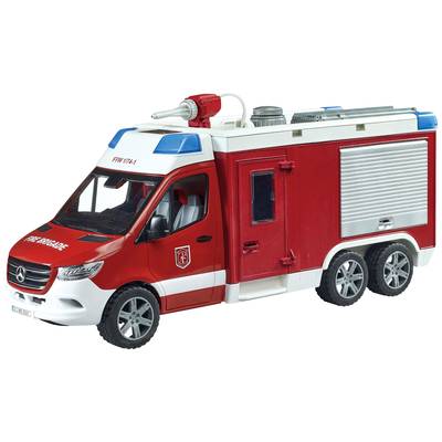 Ein rotes Spielzeug-Feuerwehrfahrzeug aus Kunststoff mit blauen und weißen Akzenten, detailliert mit Logo und Schriftzug 'Fire Brigade'.