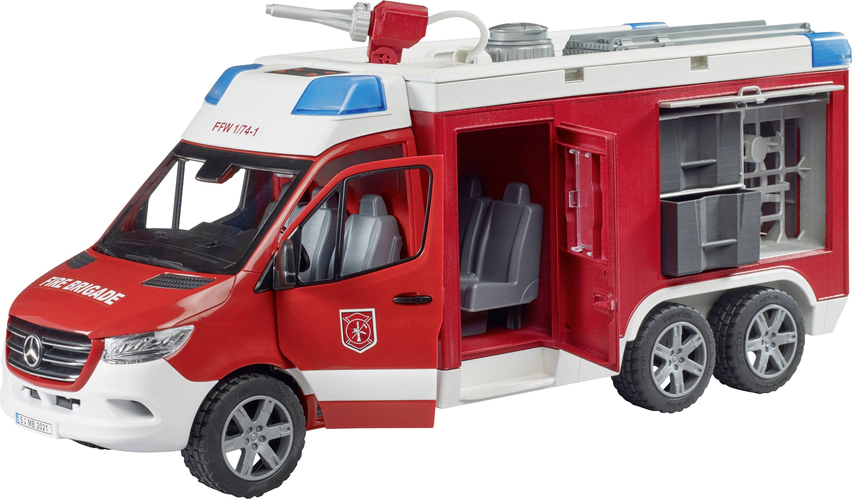 Spielzeug-Feuerwehrauto aus Kunststoff in rot-weiß mit blauen Details. Es hat sechs Räder und eine Leiter oben.