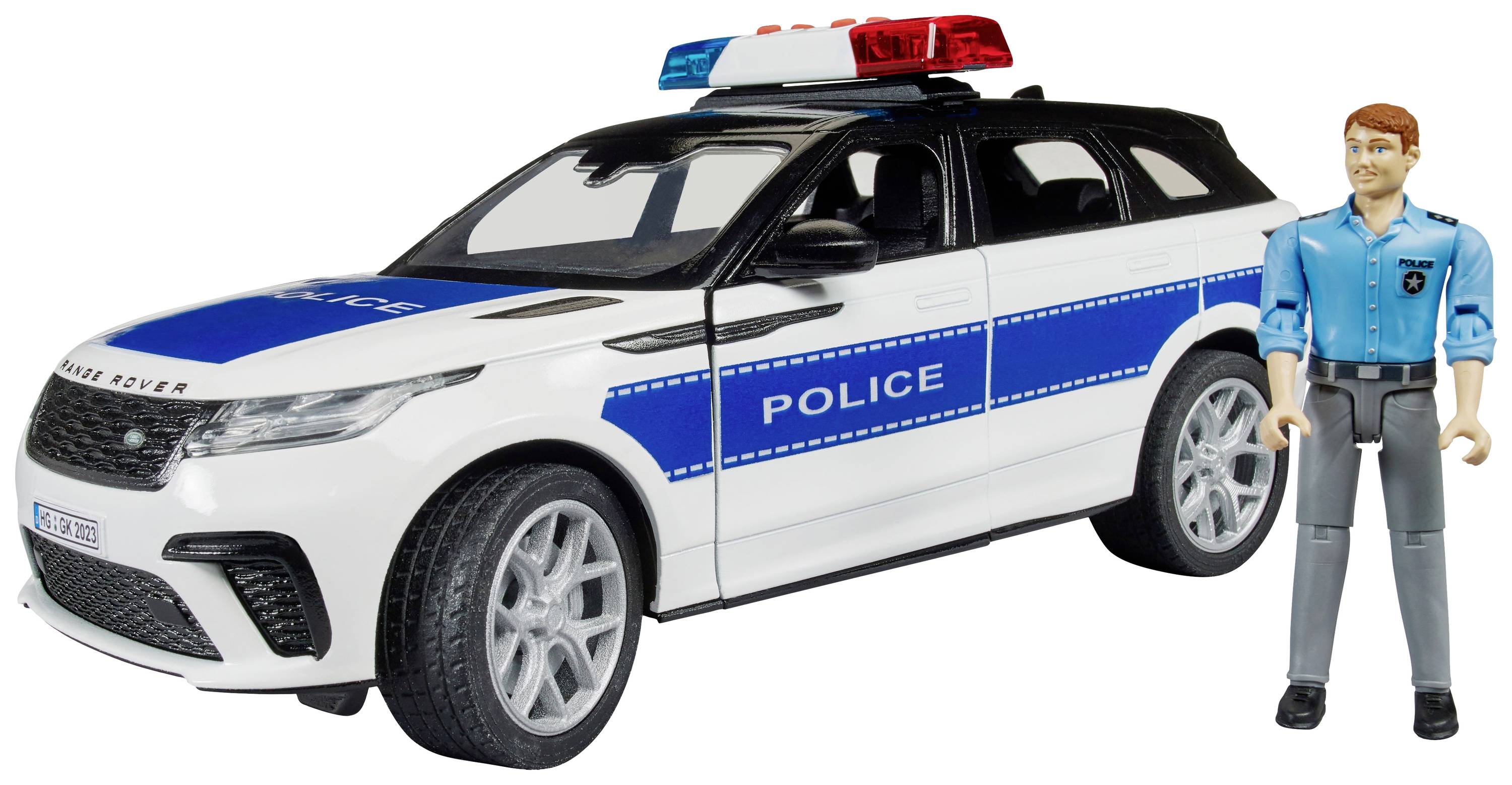 Weißer Spielzeug-Polizeiwagen mit blauen Markierungen, roten und blauen Blinklichtern. Daneben steht eine männliche Spielfigur in Uniform.