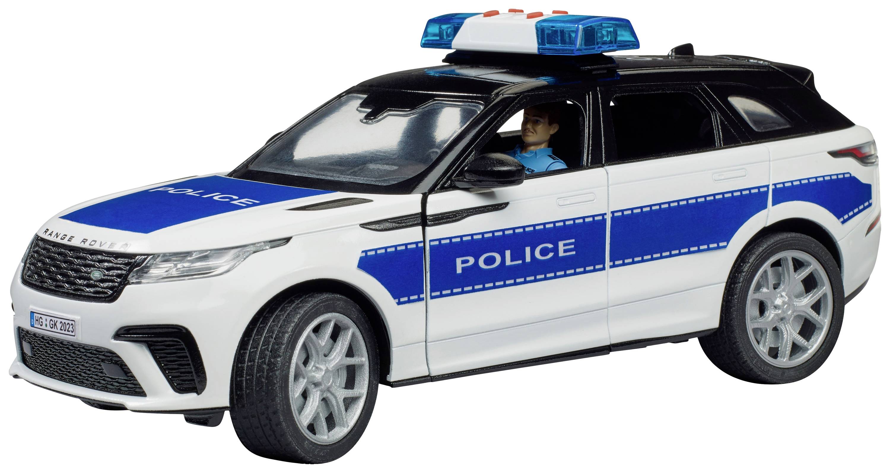 Ein blau-weißes Polizeiauto-modell mit leuchtendem Blaulicht auf dem Dach, das einen Mann am Steuer zeigt.