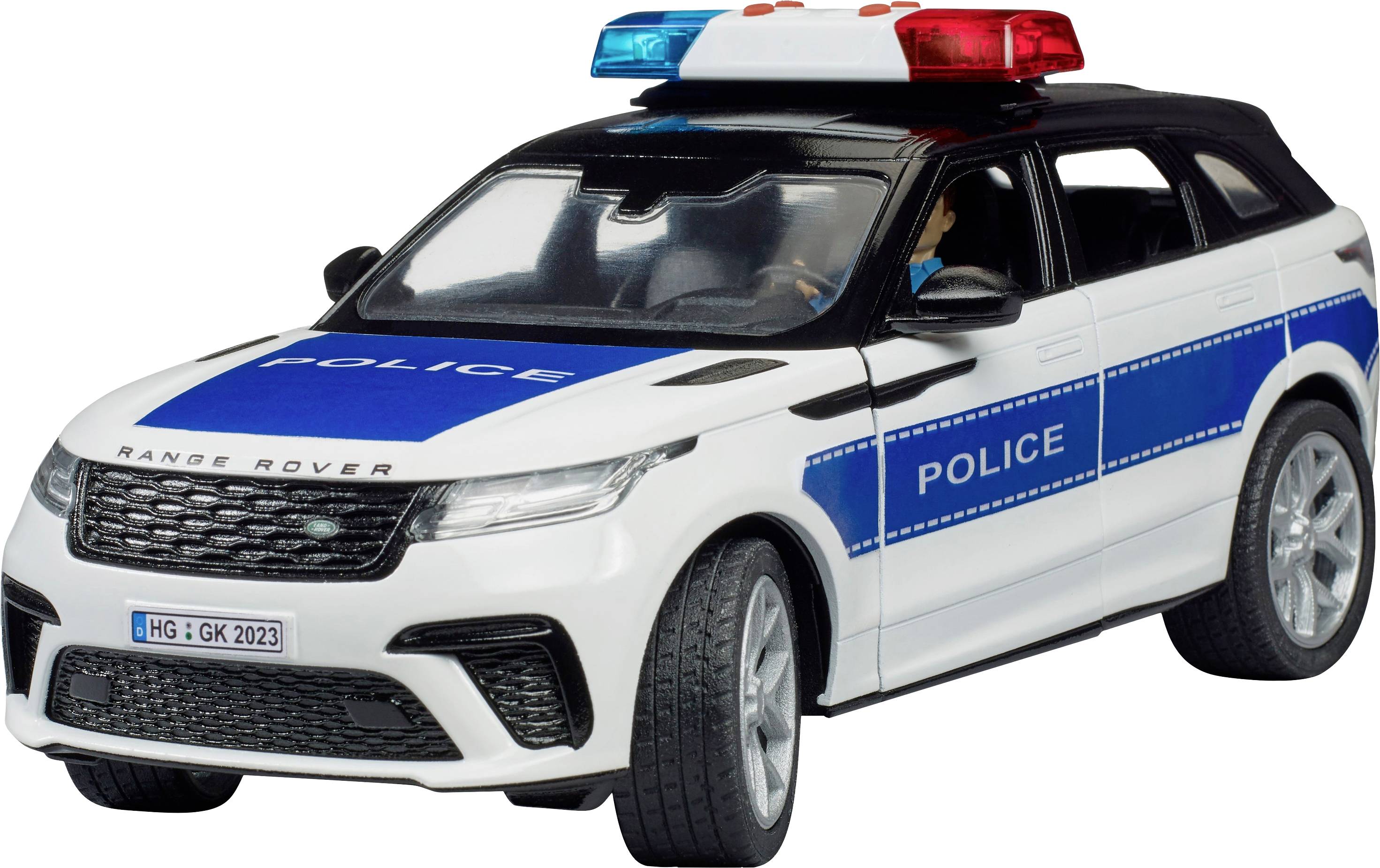 Polizeiauto-Modell im Maßstab mit blauen und roten Lichtern auf dem Dach, beschriftet mit 'POLICE' auf der Seite und Motorhaube.