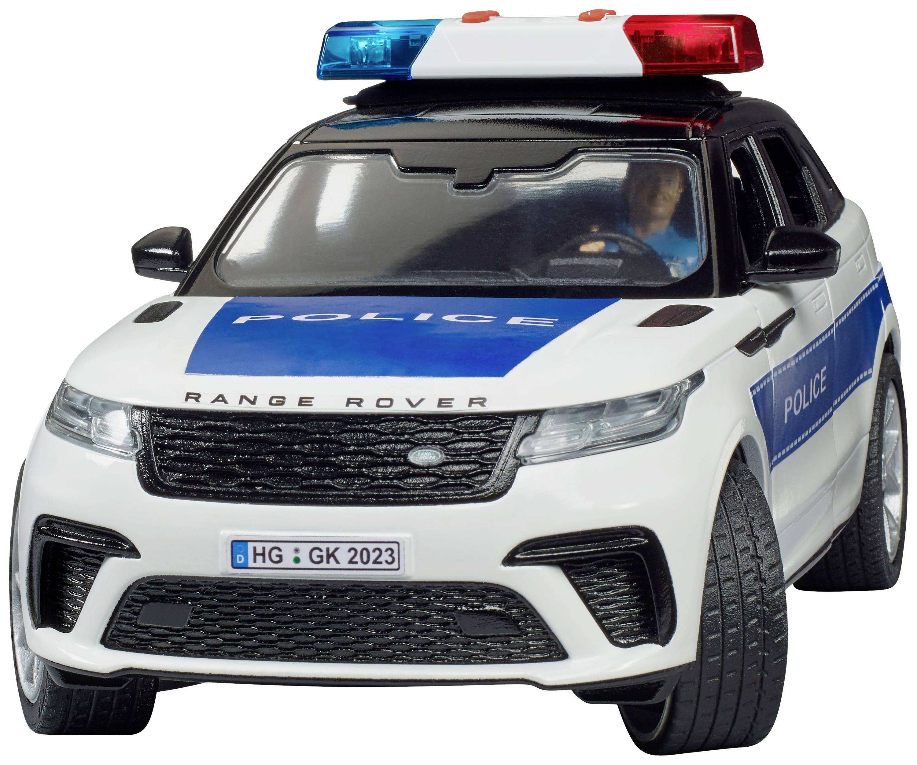 Spielzeug Polizeiauto, Modell Range Rover, mit rotem und blauem Lichtbalken auf dem Dach und 'POLICE'-Aufschrift auf der Motorhaube.