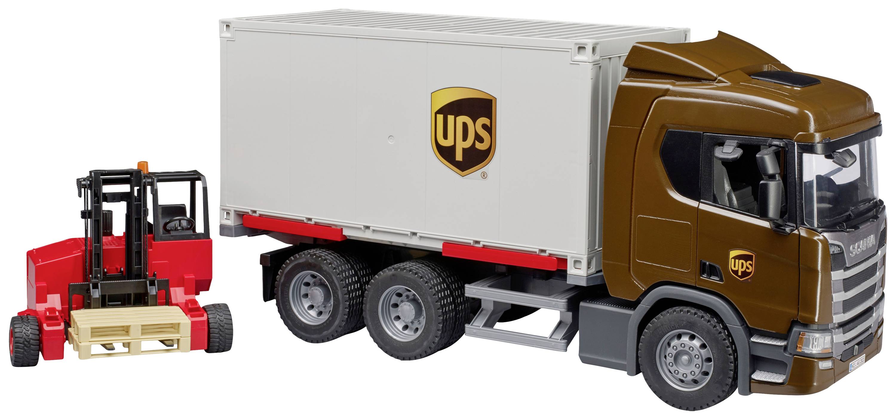 Ein brauner UPS-Lastwagen mit weißem Container und rotem Gabelstapler im Hintergrund.
