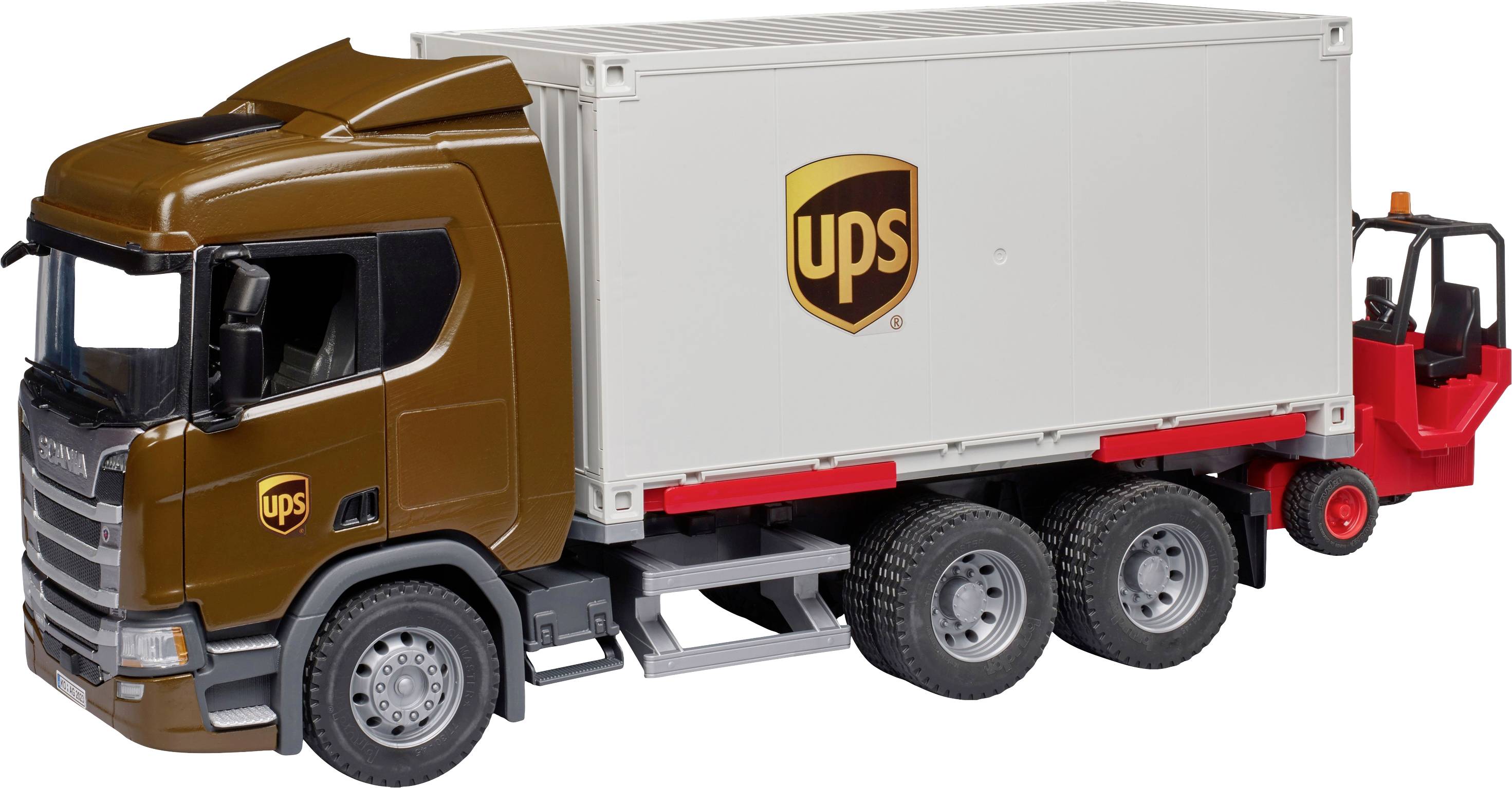 Spielzeuglastwagen in Braun mit 'UPS'-Logo, Anhänger und Gabelstapler.