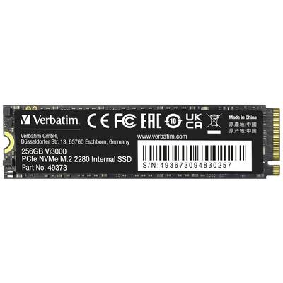 Eine SSD von Verbatim mit 256GB, Modell Vi3000, PCIe NVMe M.2 2280. Auf dem Etikett sind verschiedene Zertifizierungslogos zu sehen.